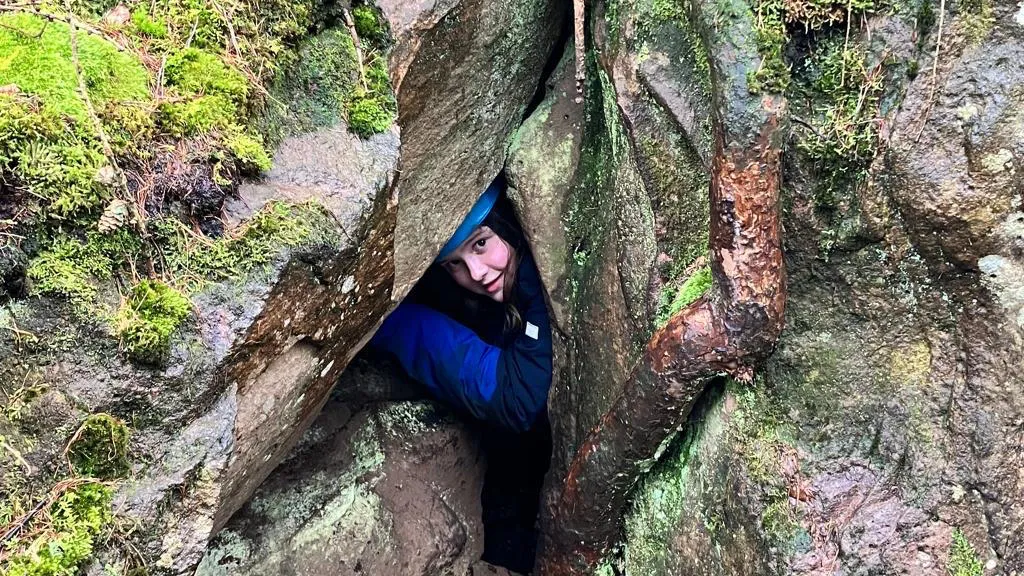 Child's face peering out from small cave opening in forest.