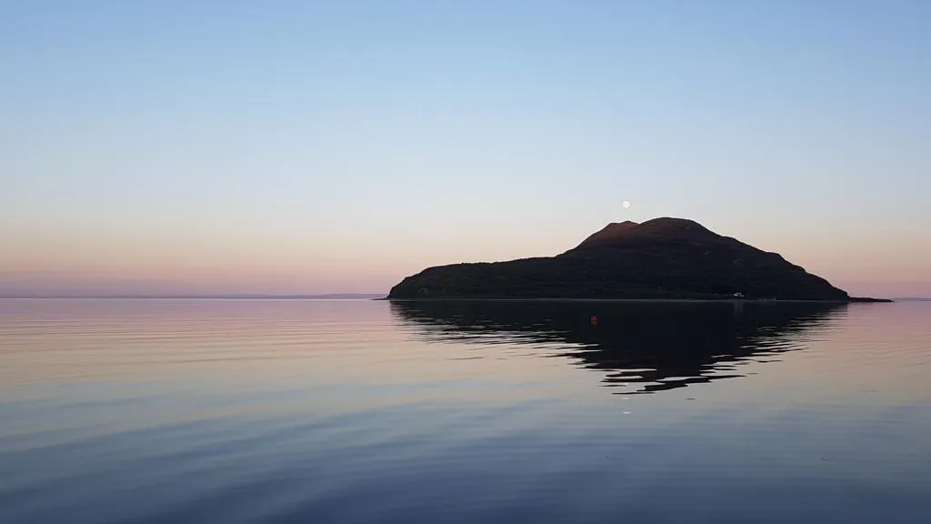 An island at sunset.